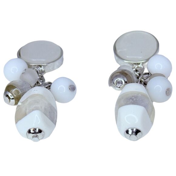 White Art Glass Beaded Cluster Dangle Drop Earrings 2" Silver Tone Trendy - Picture 6 of 10